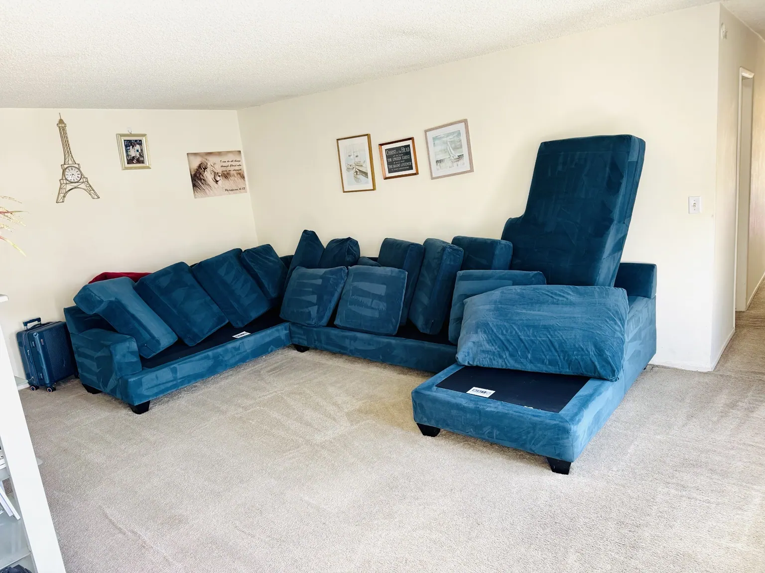 Teal velvet sectional cleaned in a living room