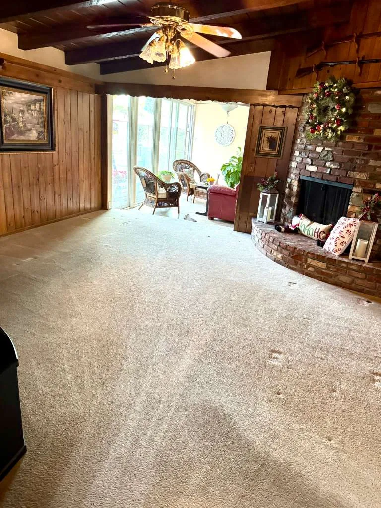 The same wood-paneled den carpet after cleaning, with even grooming lines