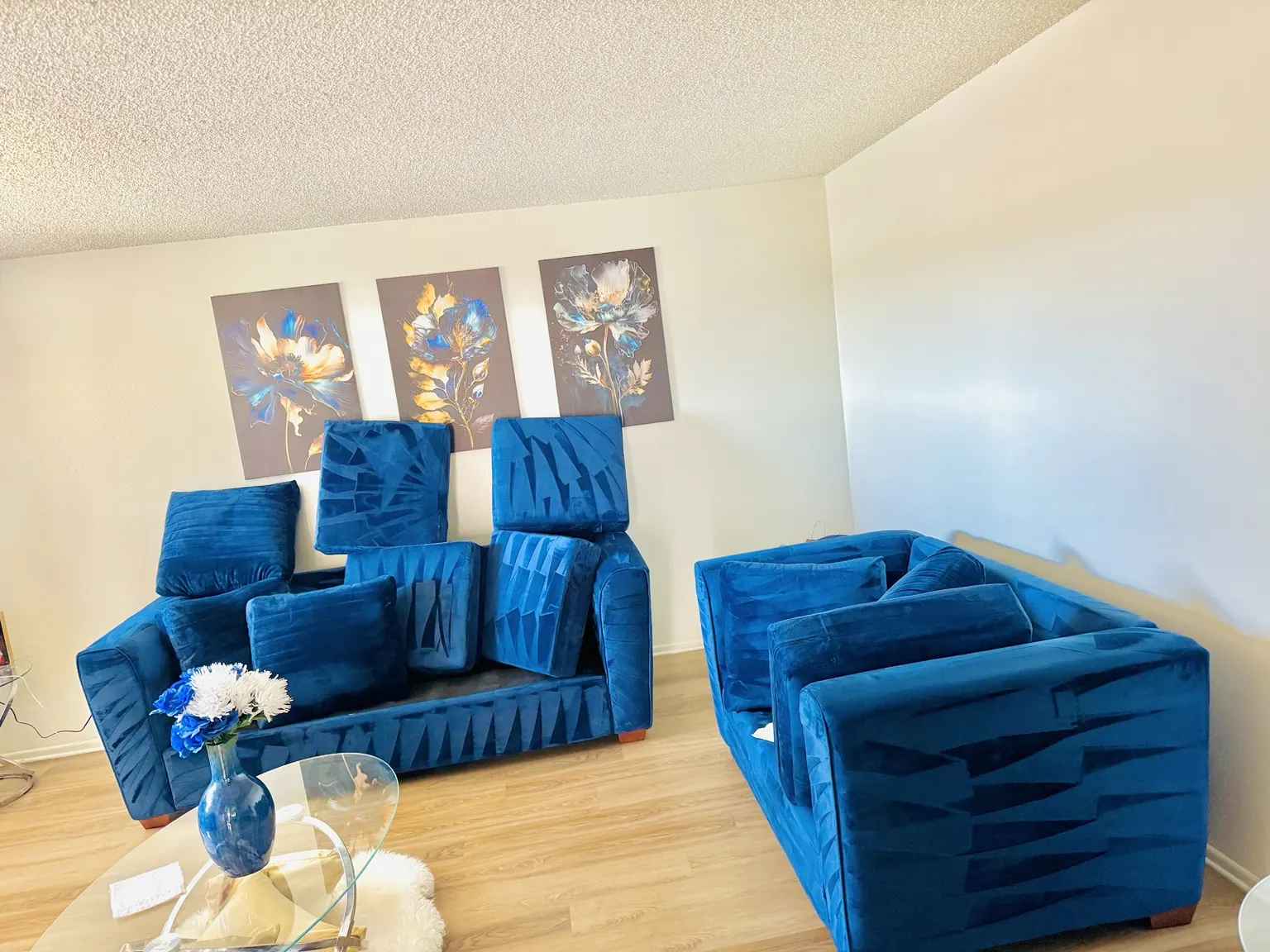 Blue velvet sofa set after upholstery cleaning