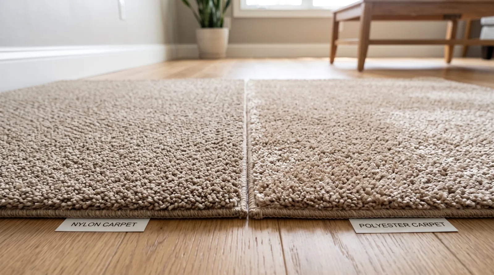 Nylon and polyester carpet samples shown side by side.
