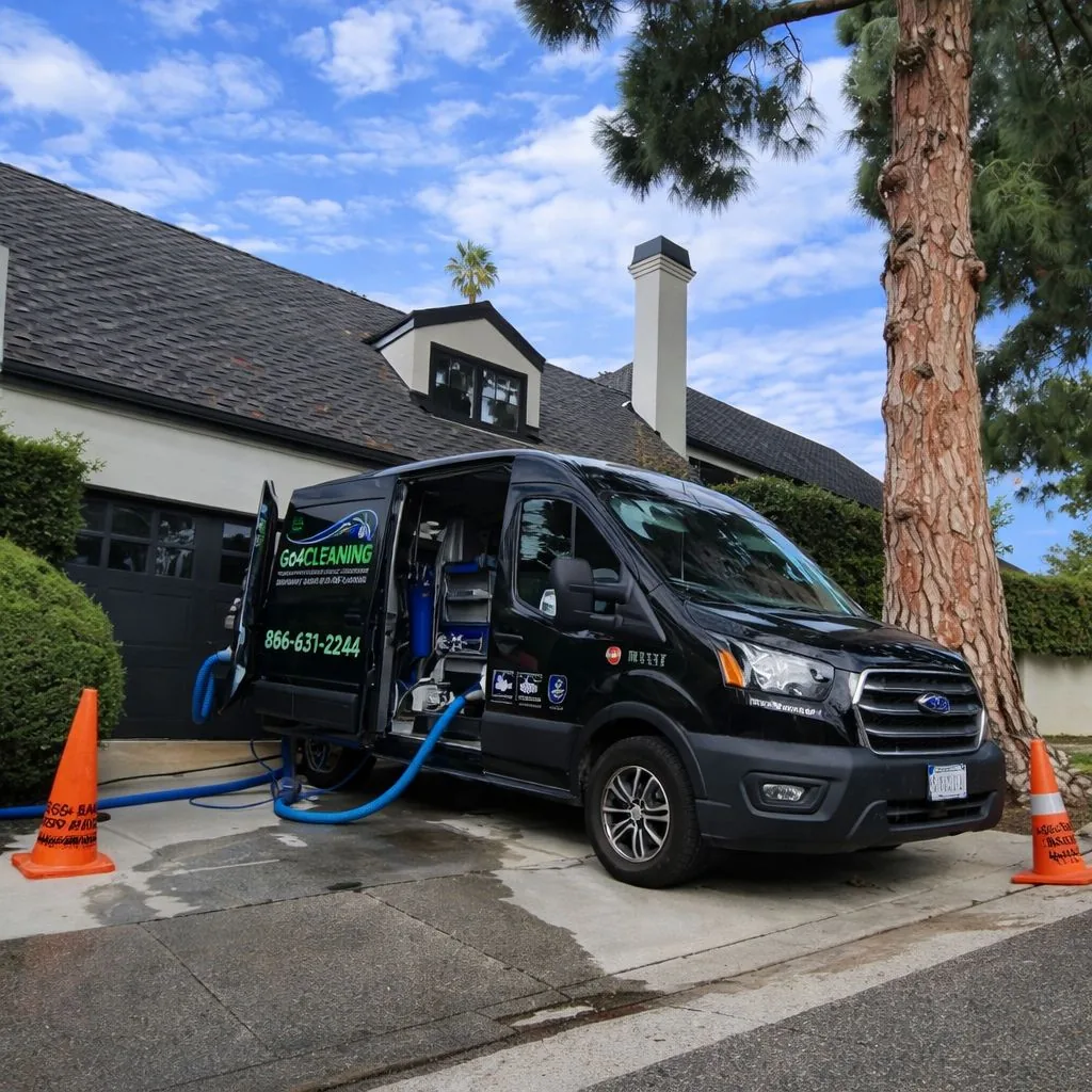 Go4Cleaning van parked in a driveway with hoses run out and safety cones set