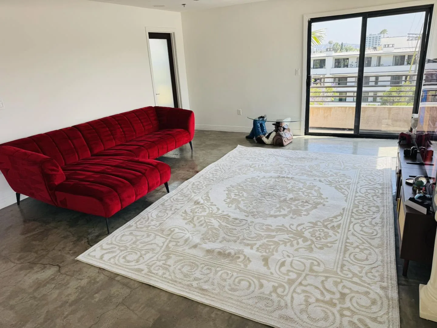 Large cream patterned area rug cleaned in a room with a red velvet sofa
