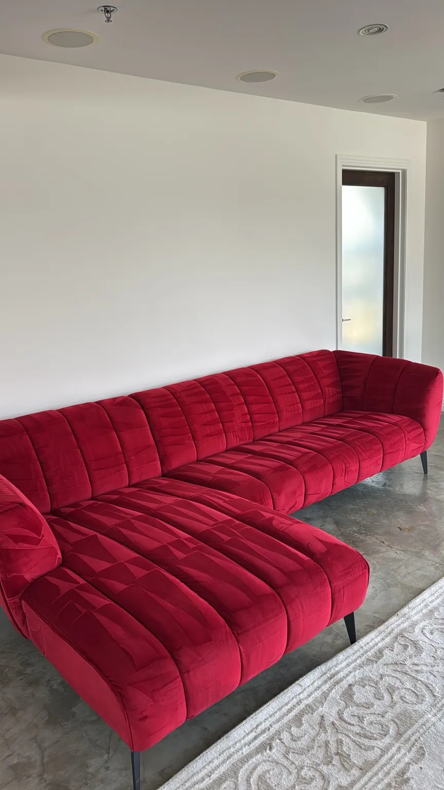Red velvet sectional sofa after Go4Cleaning upholstery cleaning