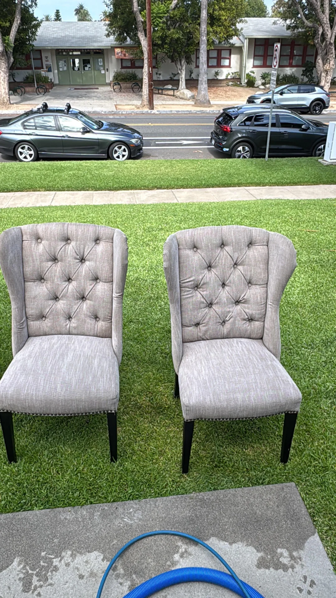 Two tufted upholstered chairs set outdoors