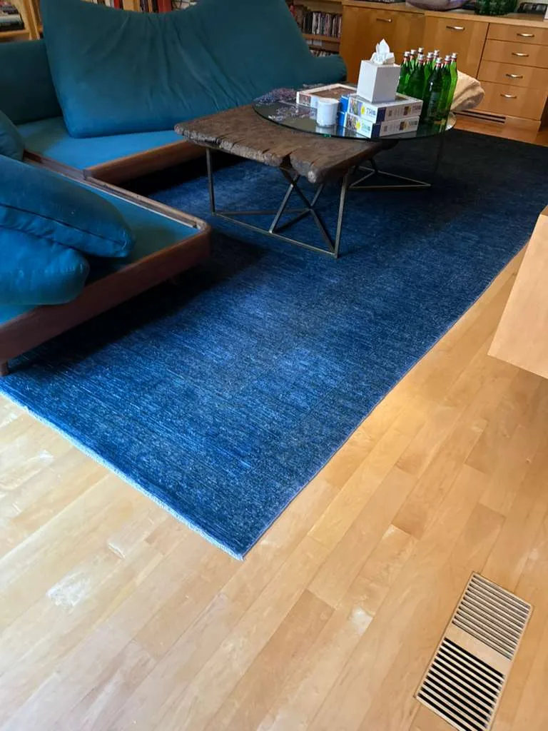 Navy blue solid area rug cleaned in a living room