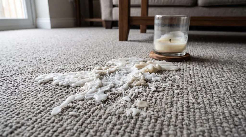 Spilled candle wax hardened on carpet fibres.