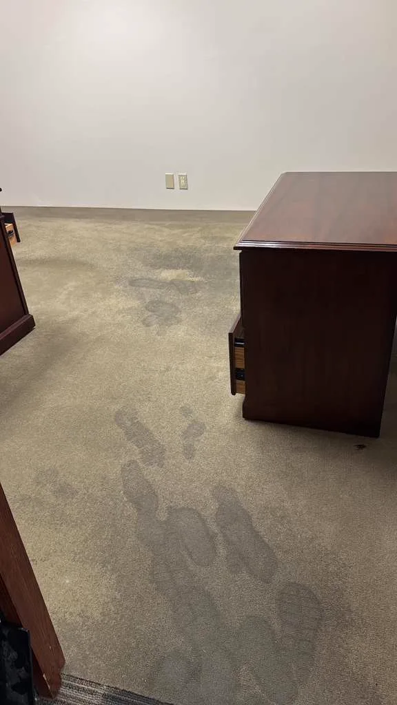 Water-soaked office carpet showing wet tracks during a commercial water-damage job