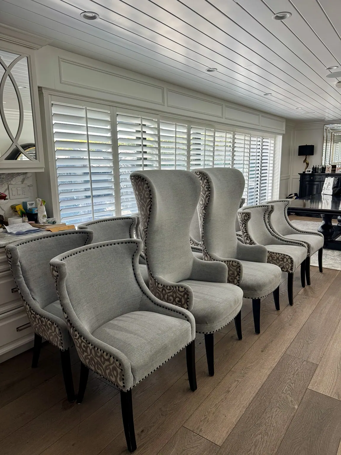 Row of upholstered dining chairs after cleaning